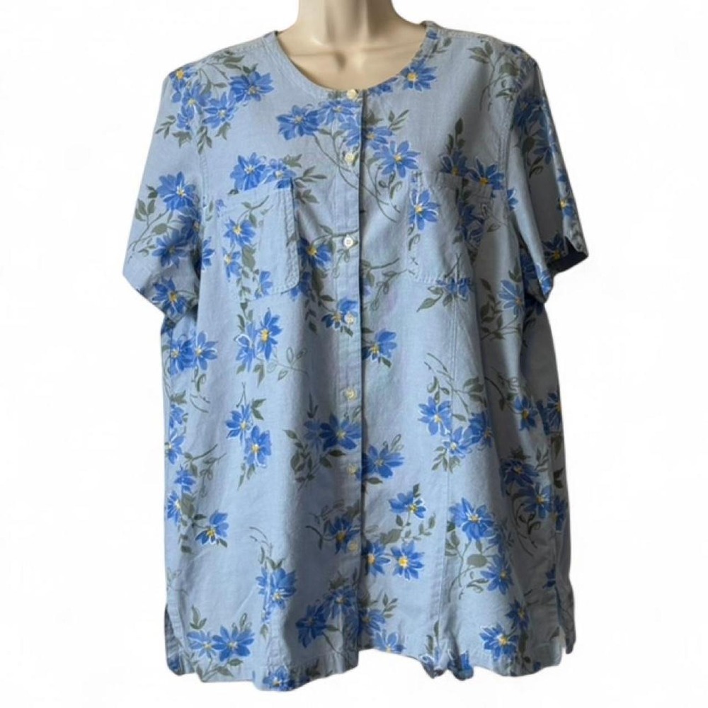 Vintage 90s Karen Scott Sport Blue Floral Button Front House Shirt, Women's 1X